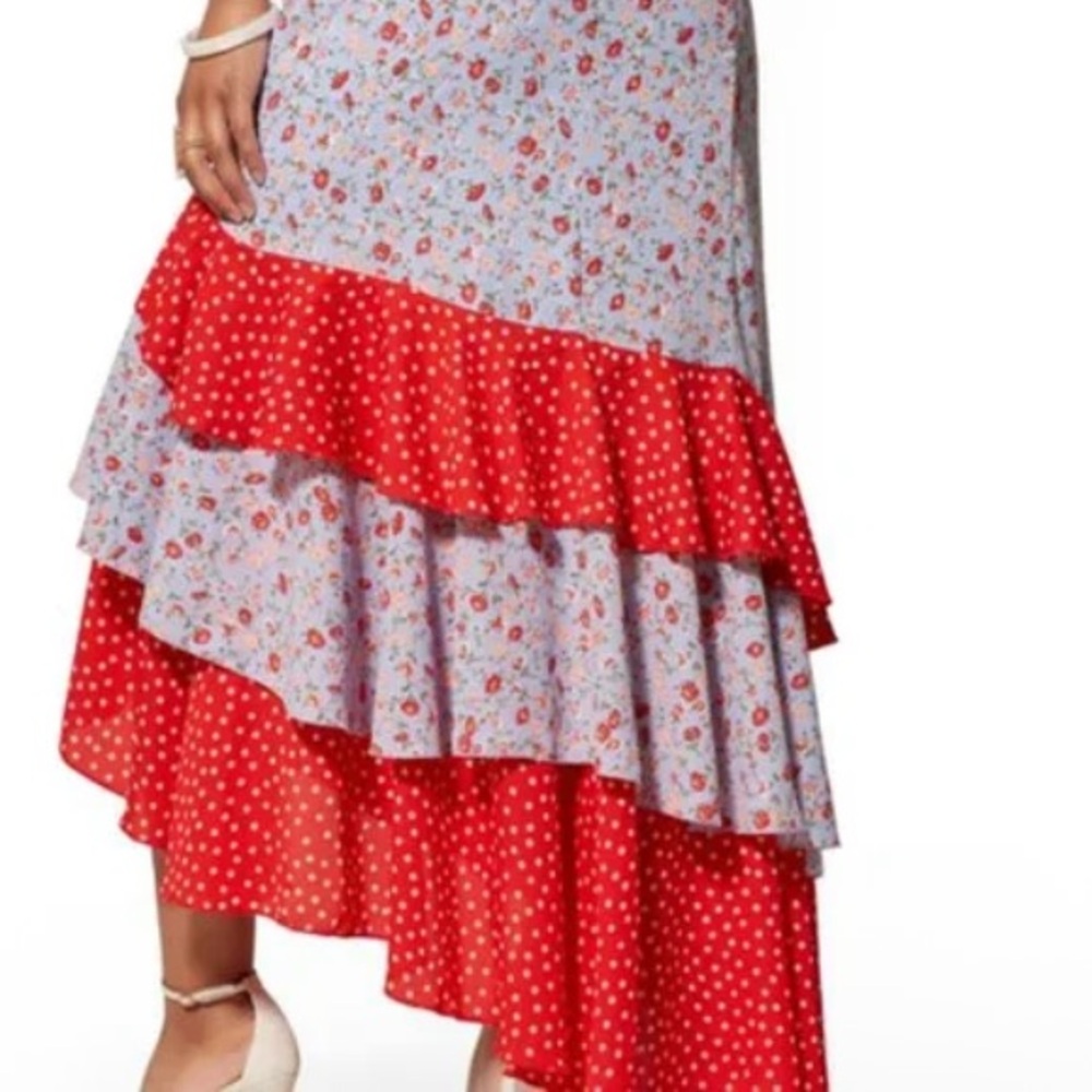 Light Blue ❤️Red Floral ❤️ Tiered Maxi Skirt ❤️Lining❤️❤️❤️❤️ - Picture 2 of 10